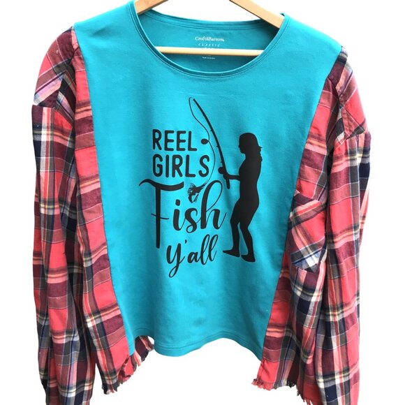 Reworked Flannel Shirt, Plus Size: Upcycled Oversized Girl Fishing T-Shirt - Picture 1 of 11